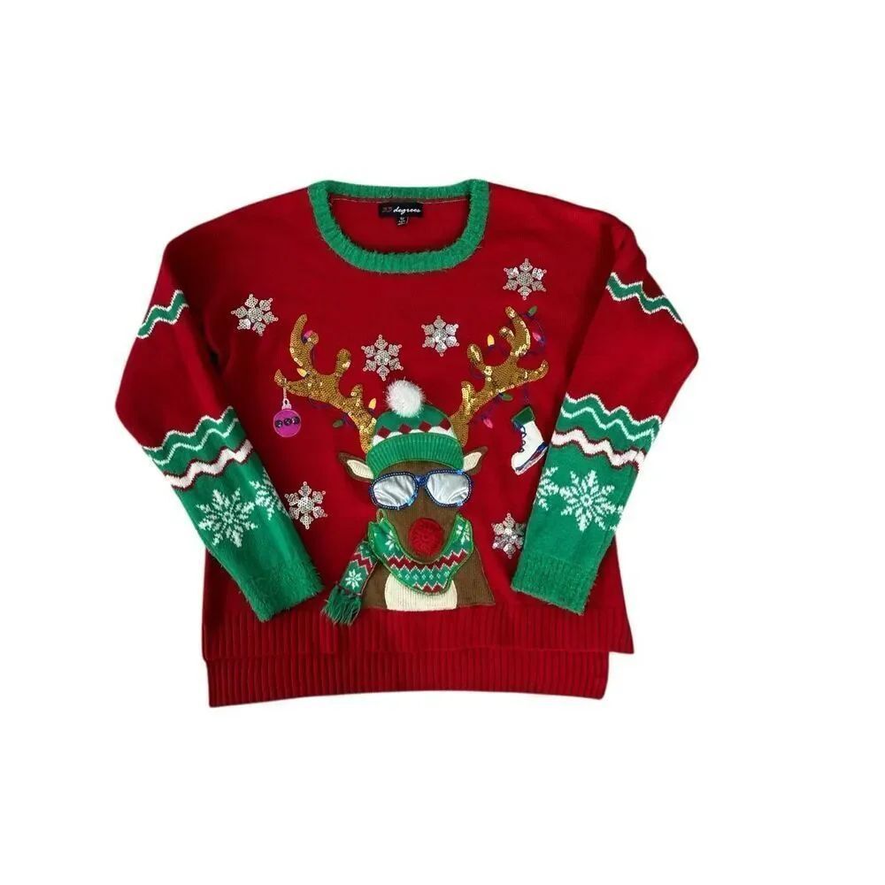 33 Degrees Womens Red Sequin Snowflake Reindeer Pom Holiday Christmas Sweater XL